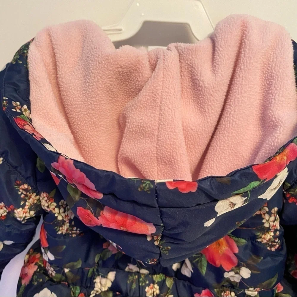 Little Me Navy Blue With Pink Floral Print Puffer Jacket Coat Size 18 Months